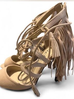 Fringe Lace-Up Heels in‎ Blush Taupe